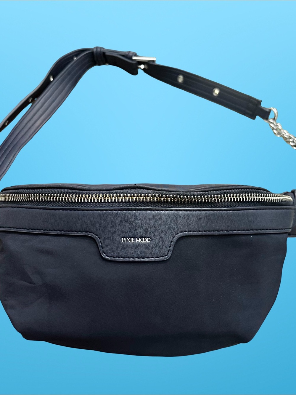 PIXIE MOOD Black Nylon & Vegan Leather Chain Crossbody Belt Bag / Fanny Pack